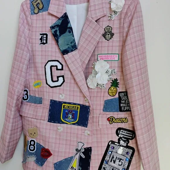 Large Pink Plaid Blazer with patches - Picture 3 of 5